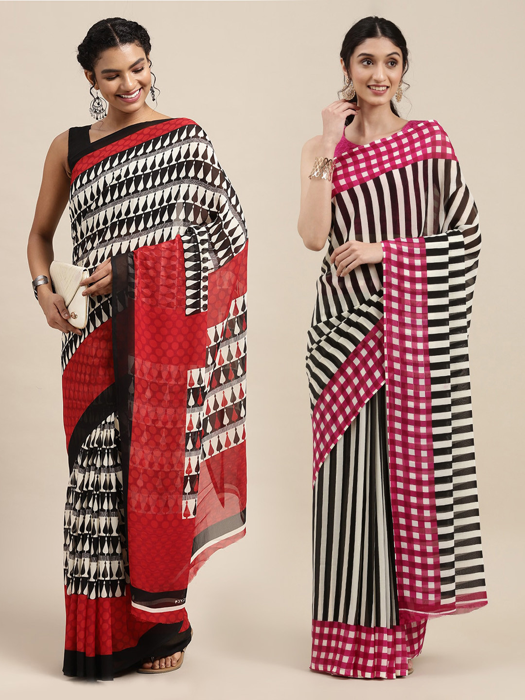 

KALINI Pack of 2 Printed Sarees, Black