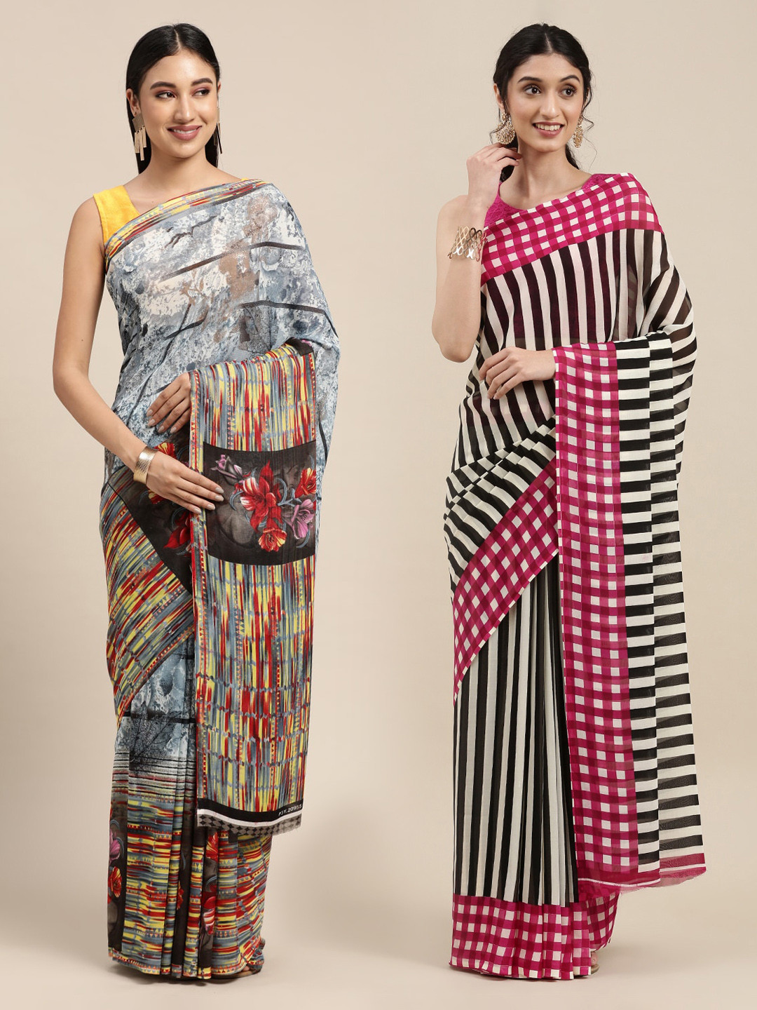 

KALINI Pack Of 2 Red & Grey Printed Sarees