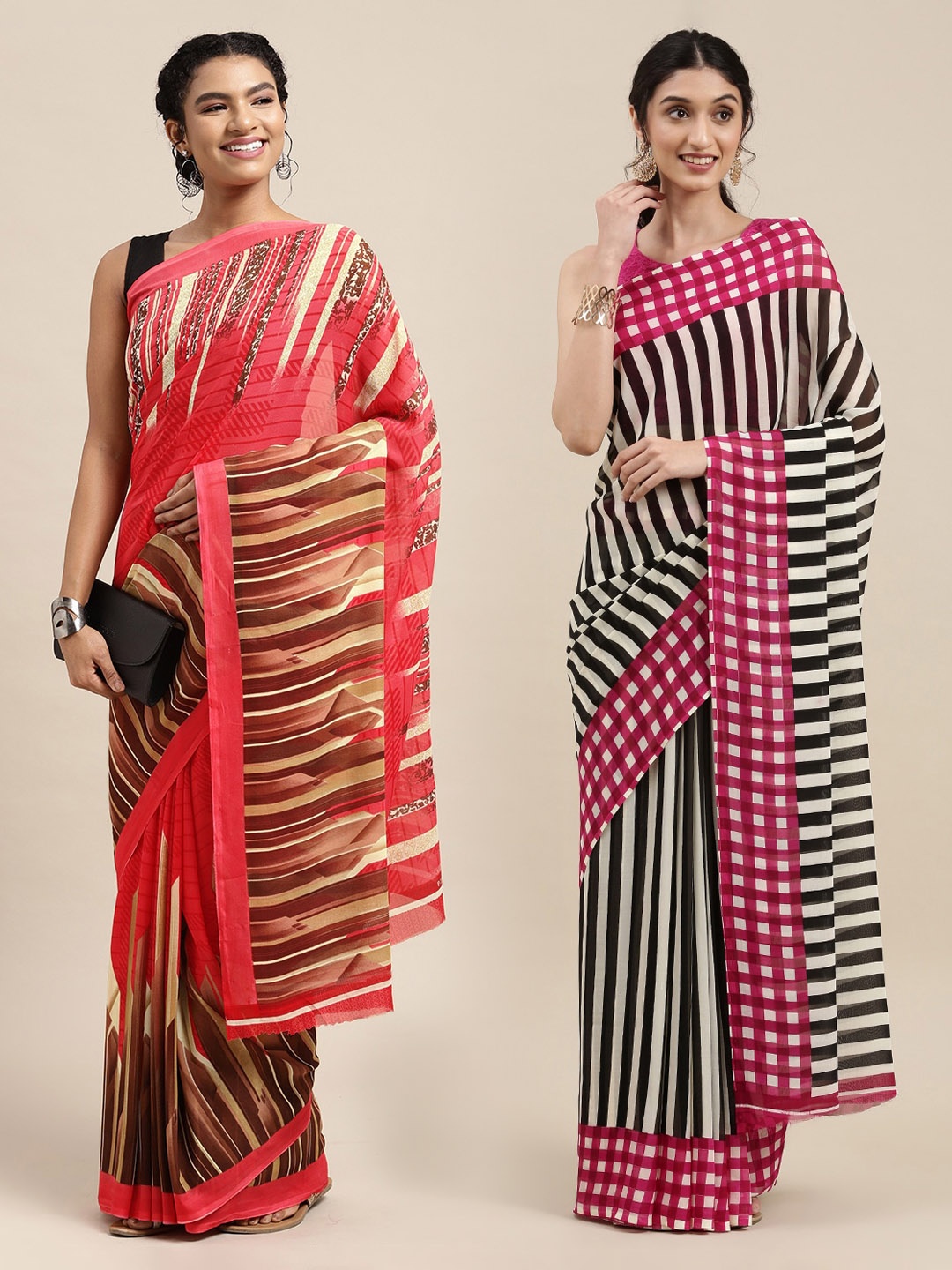 

KALINI Black & Red Printed Pack of 2 Poly Georgette Sarees