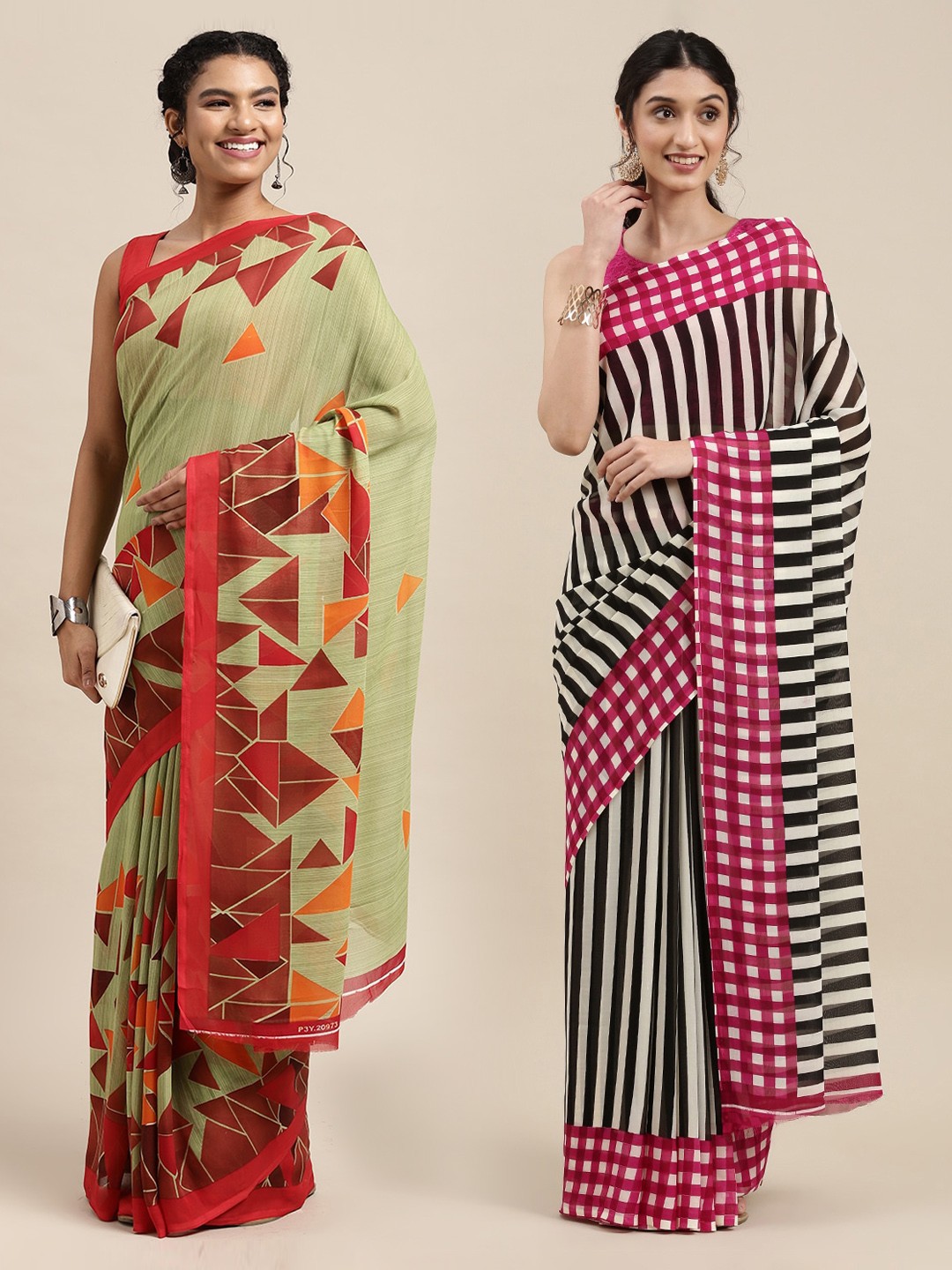 

KALINI Pack of 2 Printed Poly Georgette Sarees, Green