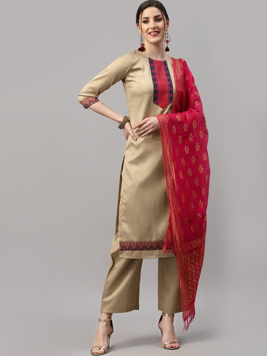 

SANISA Women Beige & Red Kurta with Trousers & With Dupatta