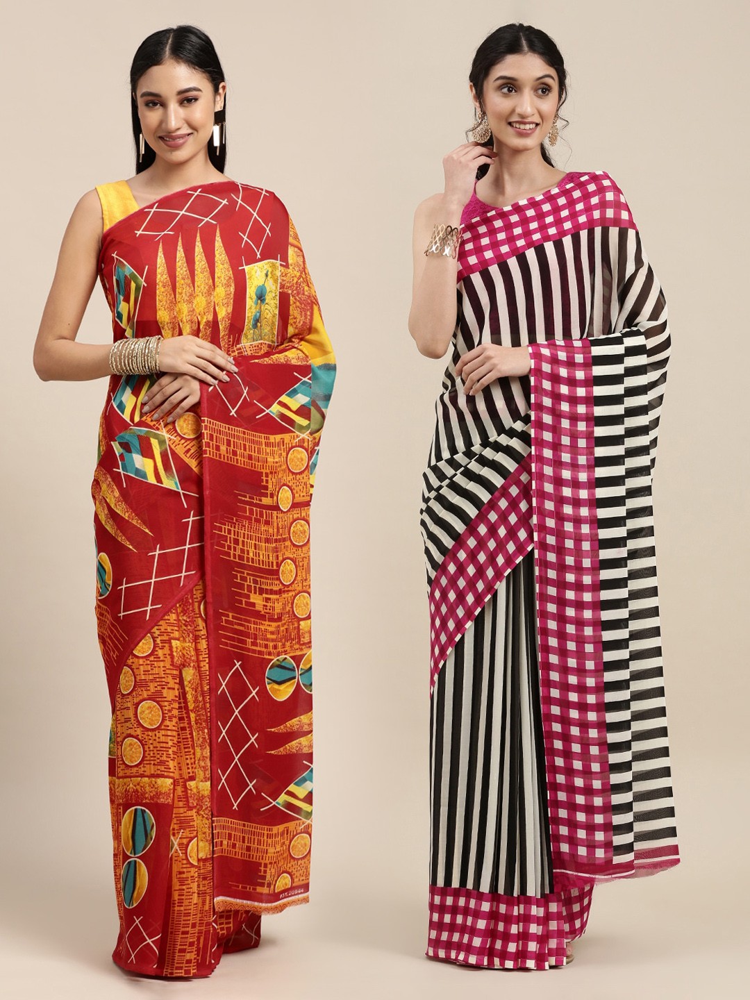 

KALINI Pack of 2 Orange & Red Abstract Print Saree