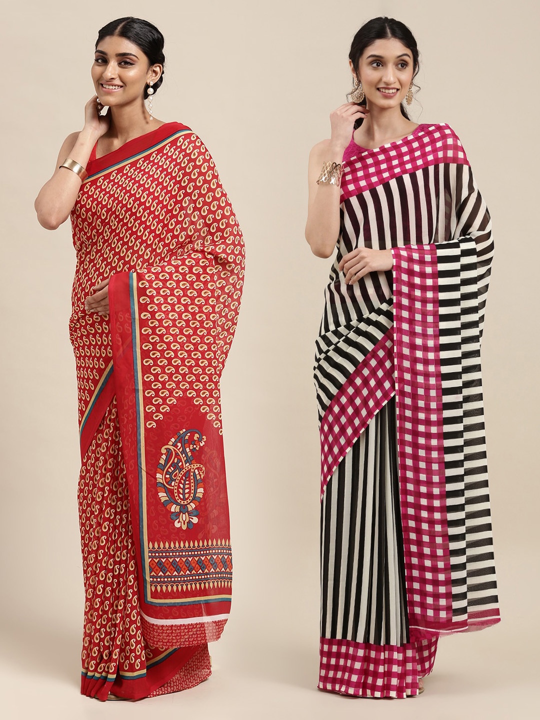 

KALINI Pack of 2 Printed Poly Georgette Sarees, Red