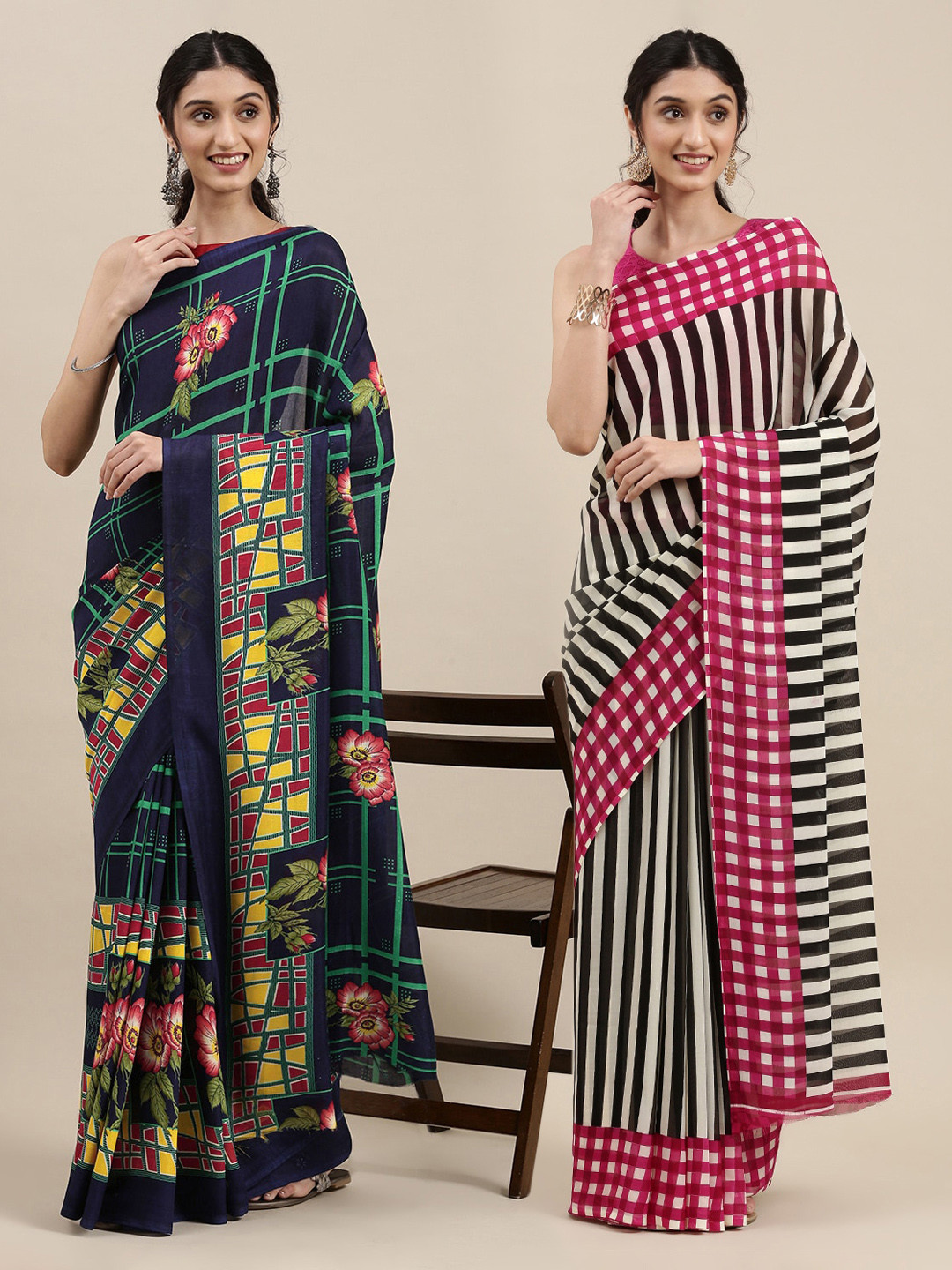 

KALINI Navy Blue & Black Printed Pack of 2 Poly Georgette Sarees