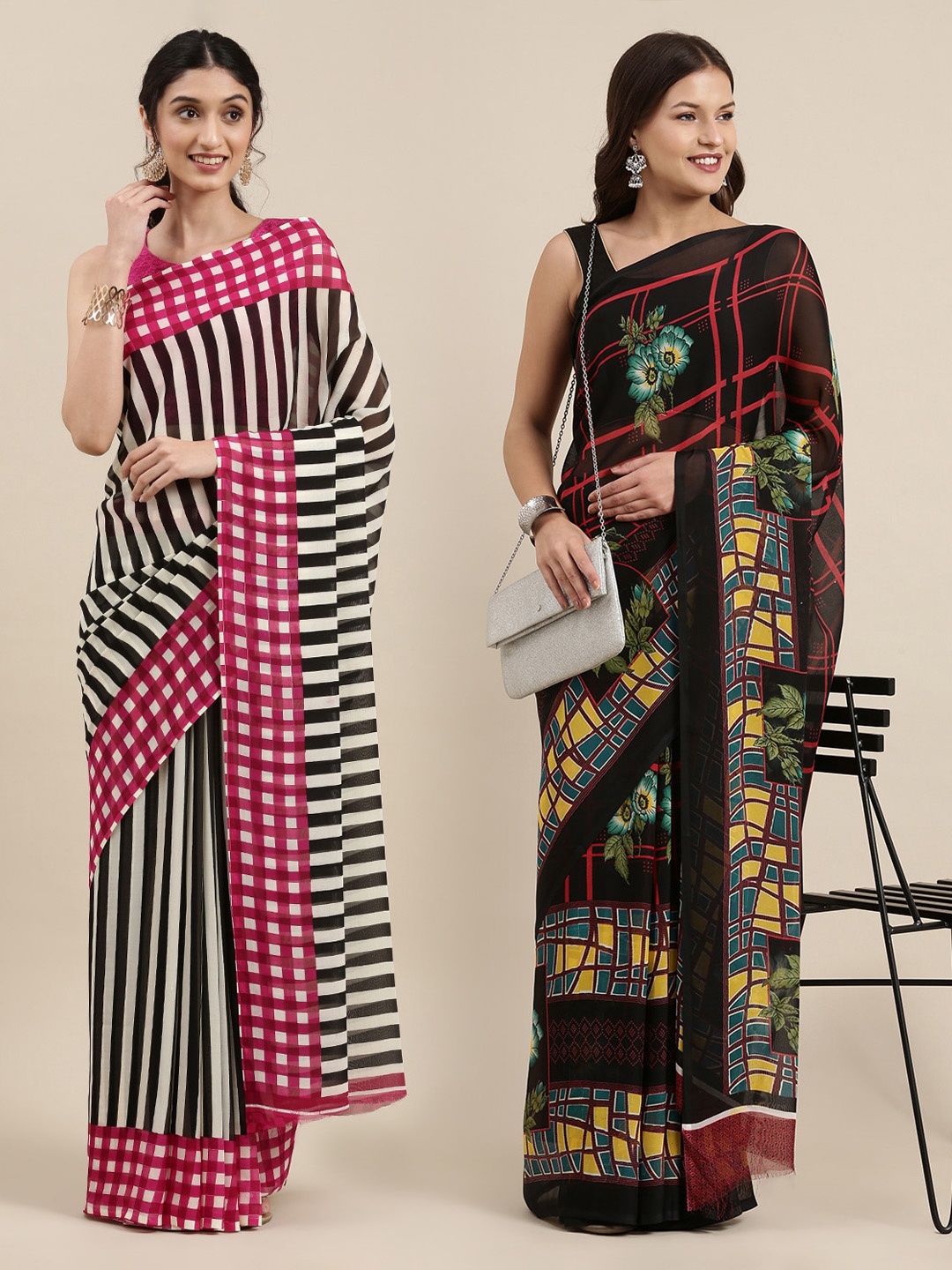 

ANAND SAREES Pack of 2 Printed Poly Georgette Sarees, Black