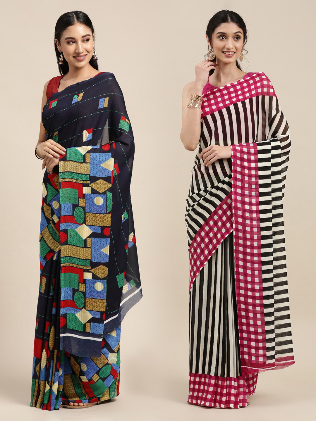 

KALINI Pack of 2 Navy Blue & Black Printed Saree