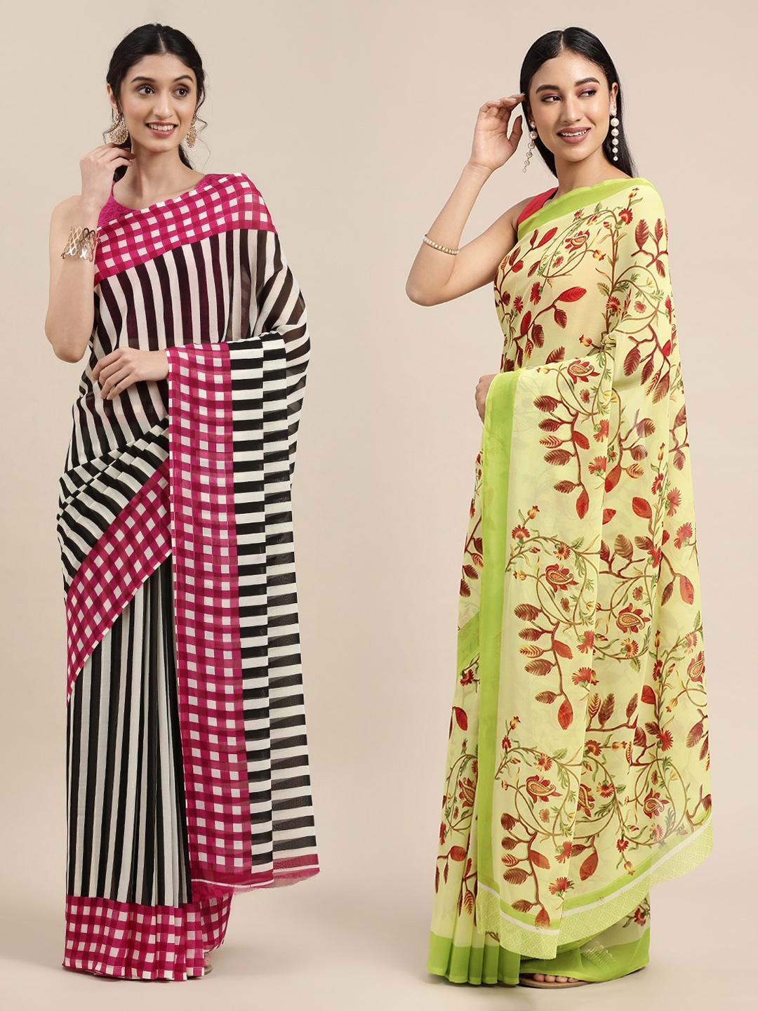 

KALINI Pack of 2 Black & White Striped Saree