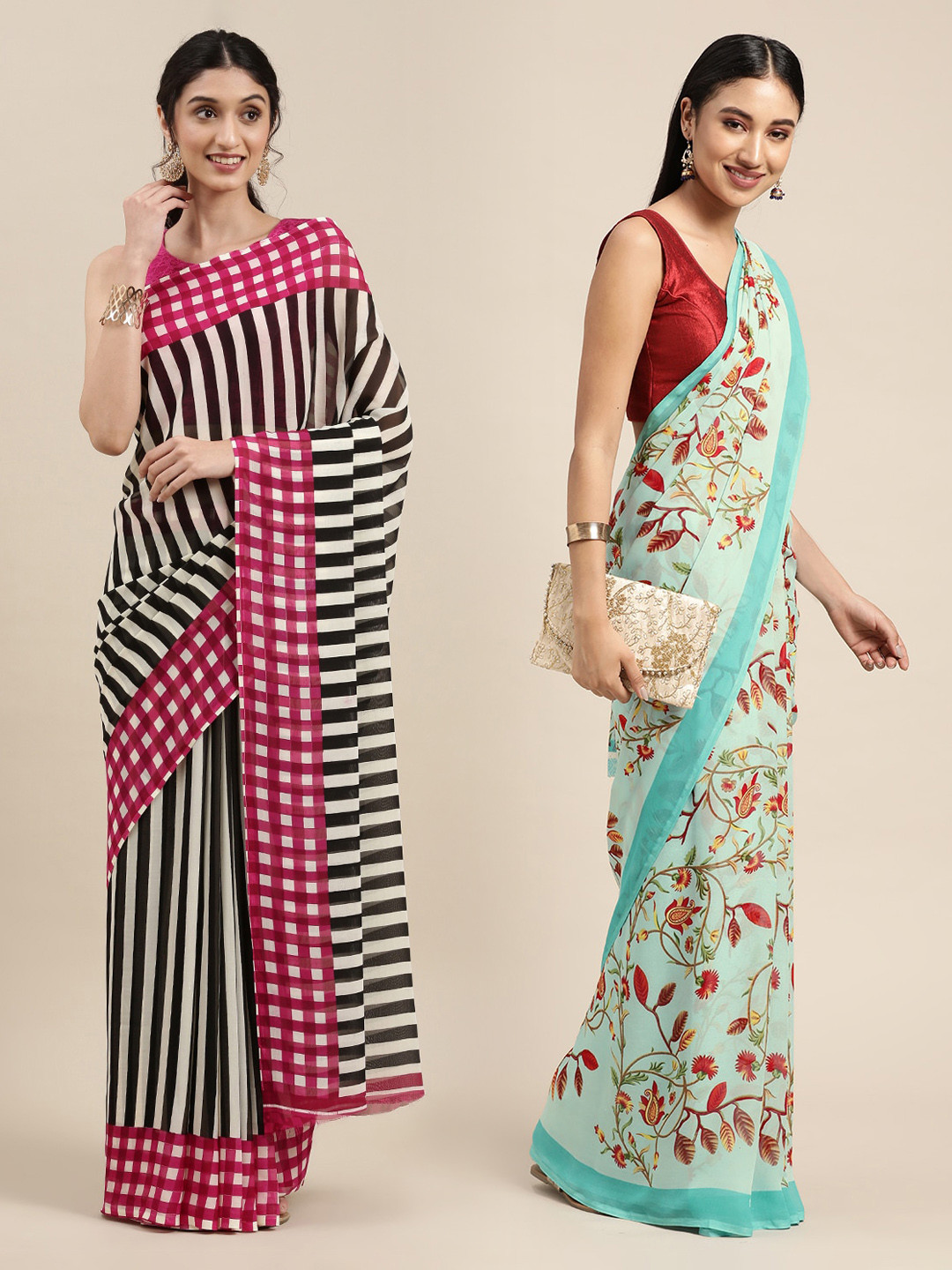 

KALINI Pack Of 2 Yellow & Blue Floral Saree, Black