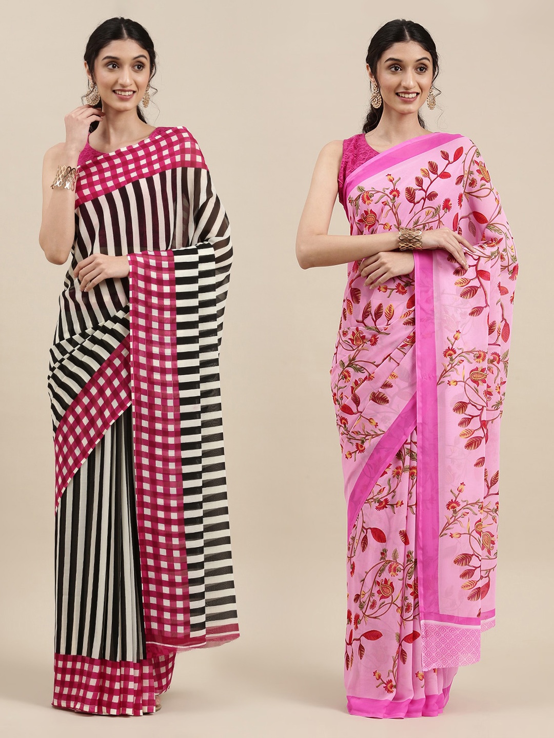 

KALINI Pack of 2 Floral Printed Sarees, Black