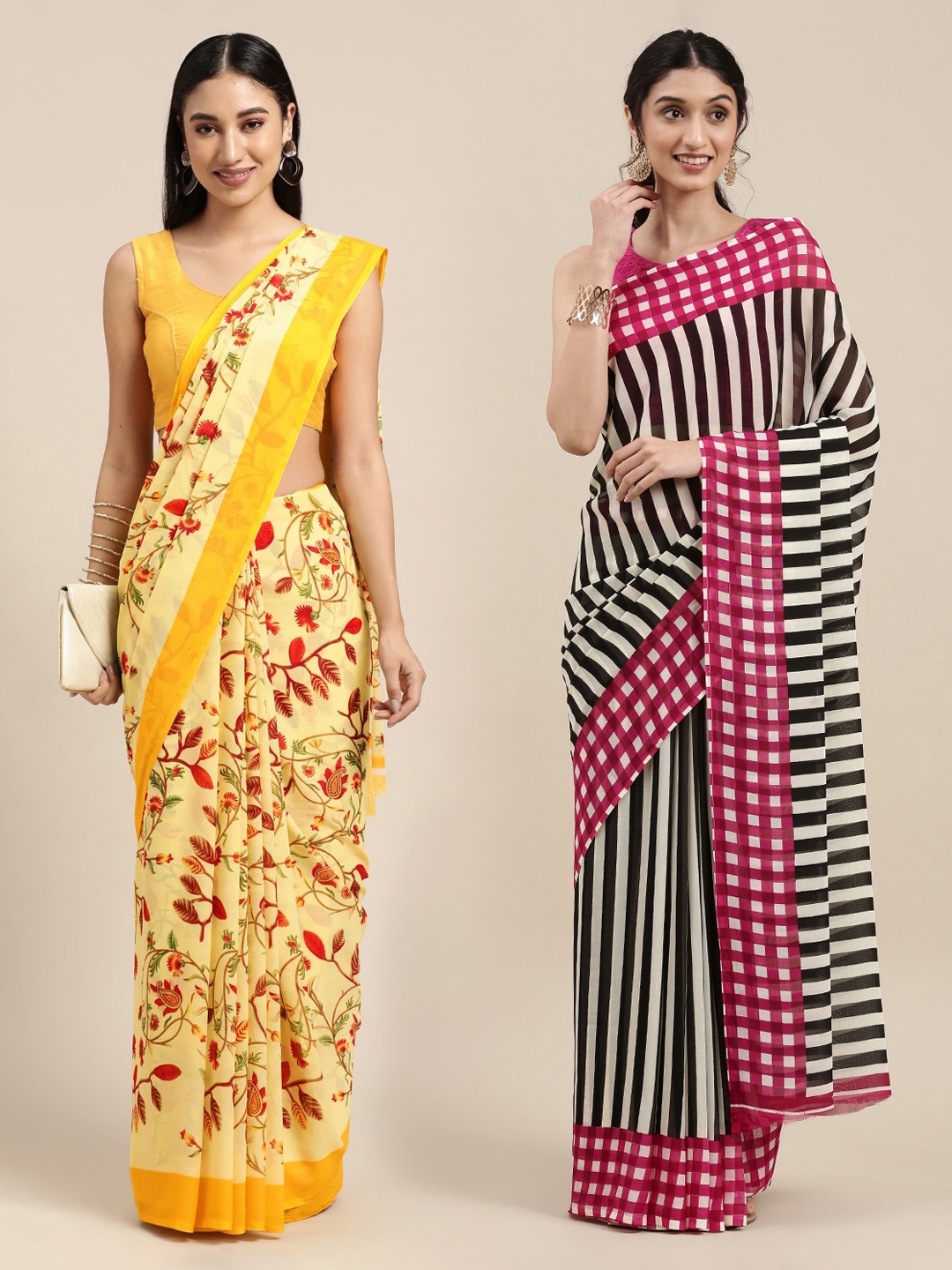 

KALINI Pack of 2 Printed Sarees, Yellow