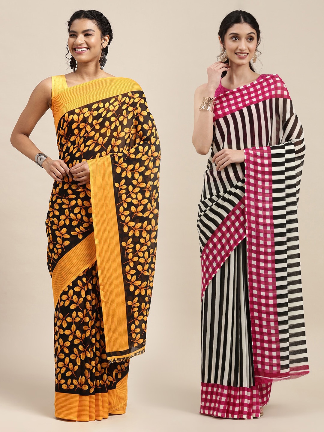 

KALINI Pack of 2 Printed Poly Georgette Sarees, Black