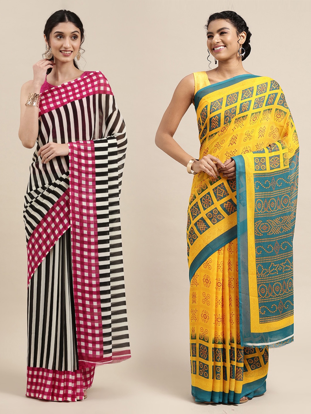 

KALINI Pack of 2 Printed Poly Georgette Sarees, Black