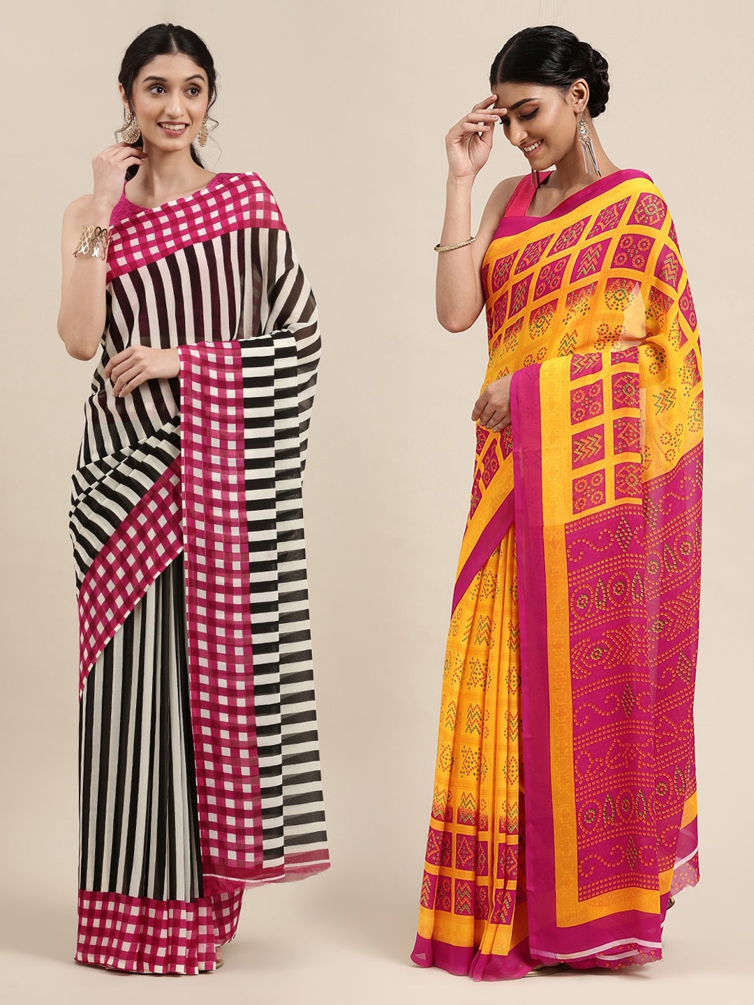 

KALINI Black & Yellow Pack of 2 Printed Poly Georgette Sarees