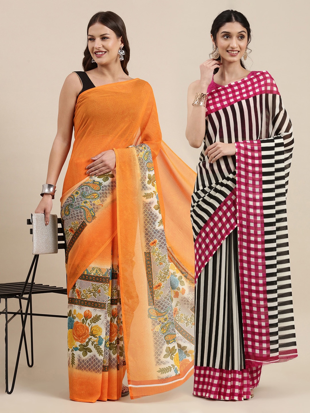 

KALINI Pack of 2 Printed Poly Georgette Sarees, Orange