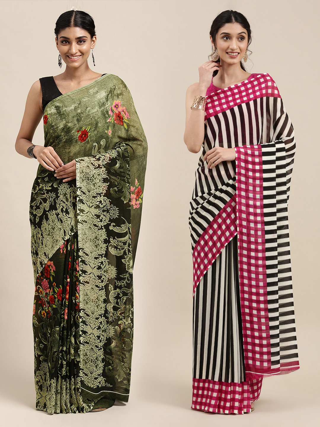 

KALINI Pack of 2 Floral Printed Saree, Green