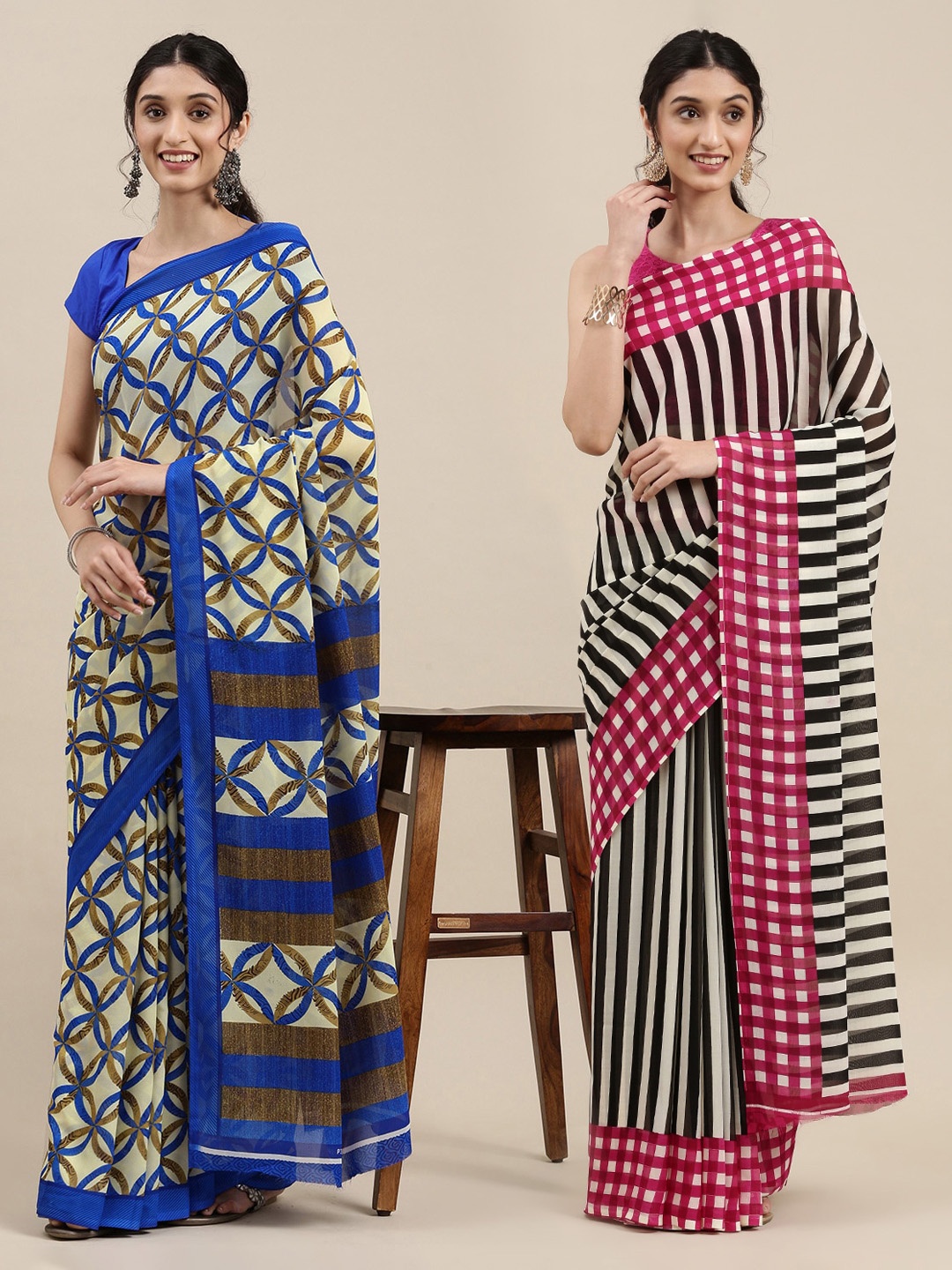 

KALINI Pack of 2 Printed Poly Georgette Sarees, Cream