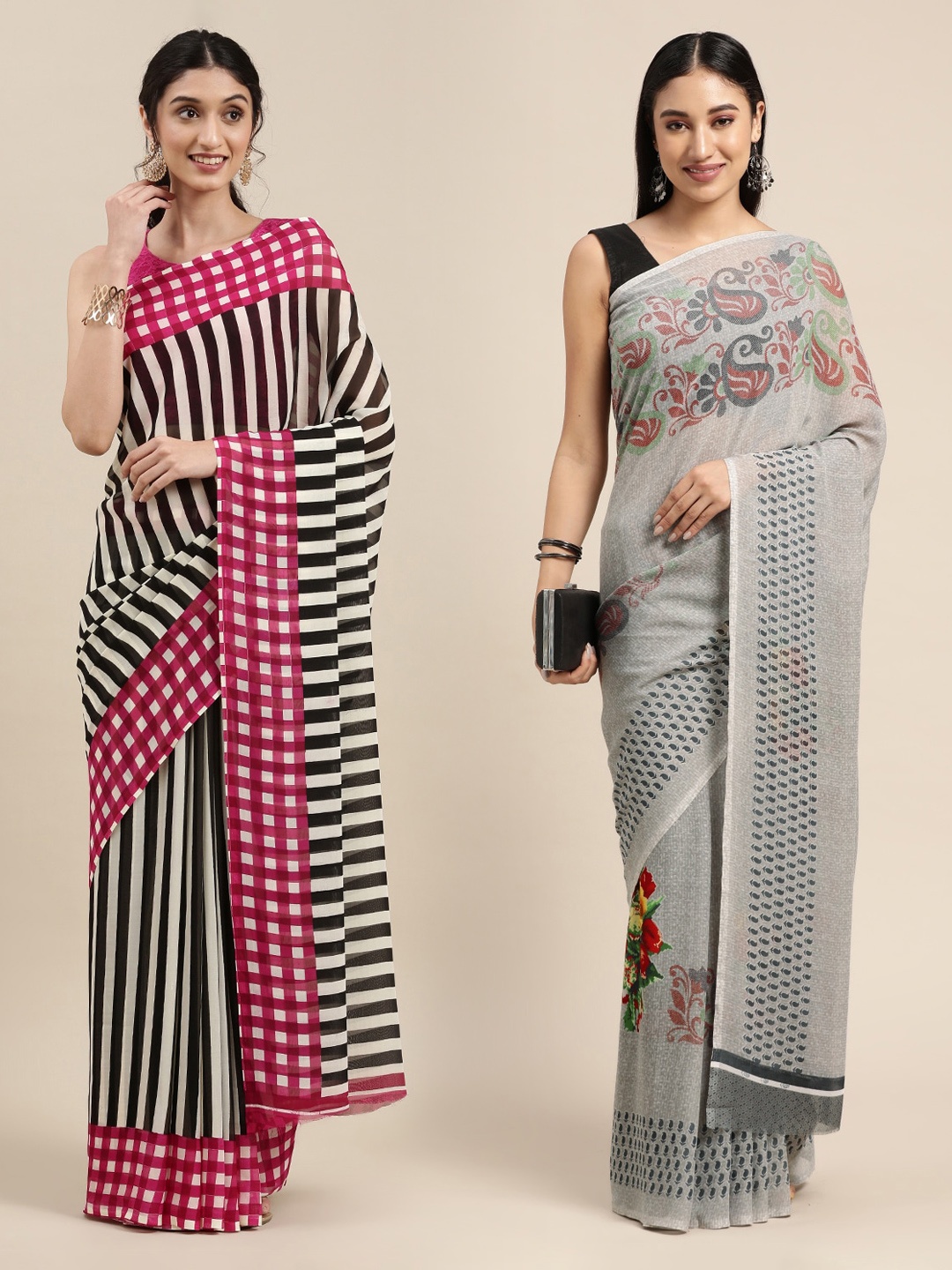 

KALINI Pack Of 2 Black & White Striped Saree