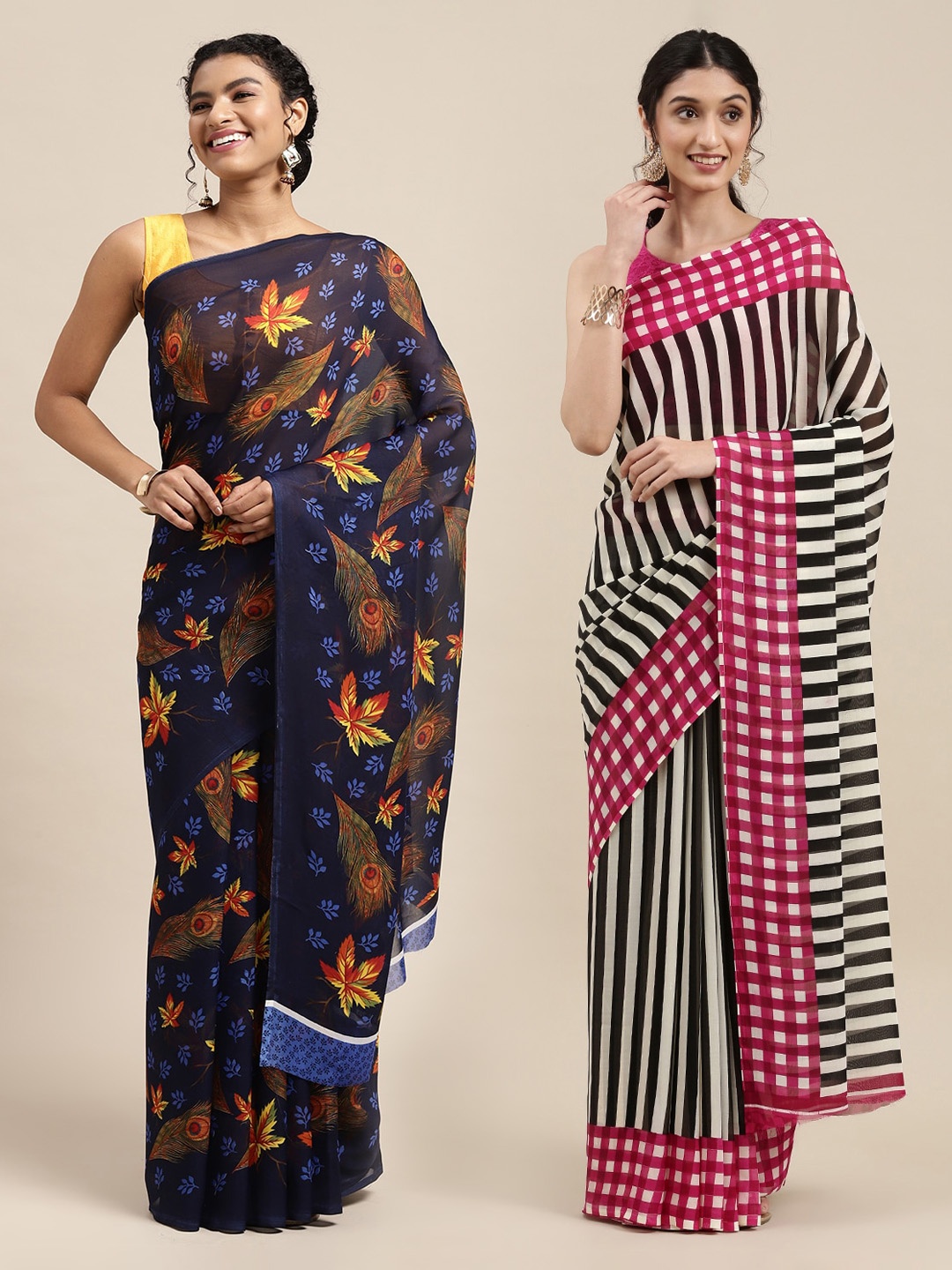 

KALINI Pack Of 2 Navy Blue & Yellow Ethnic Motifs Saree
