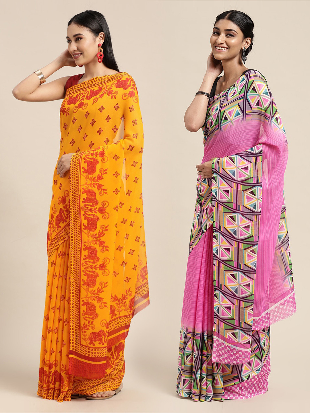 

KALINI Pack Of 2 Red & Black Printed Sarees, Pink