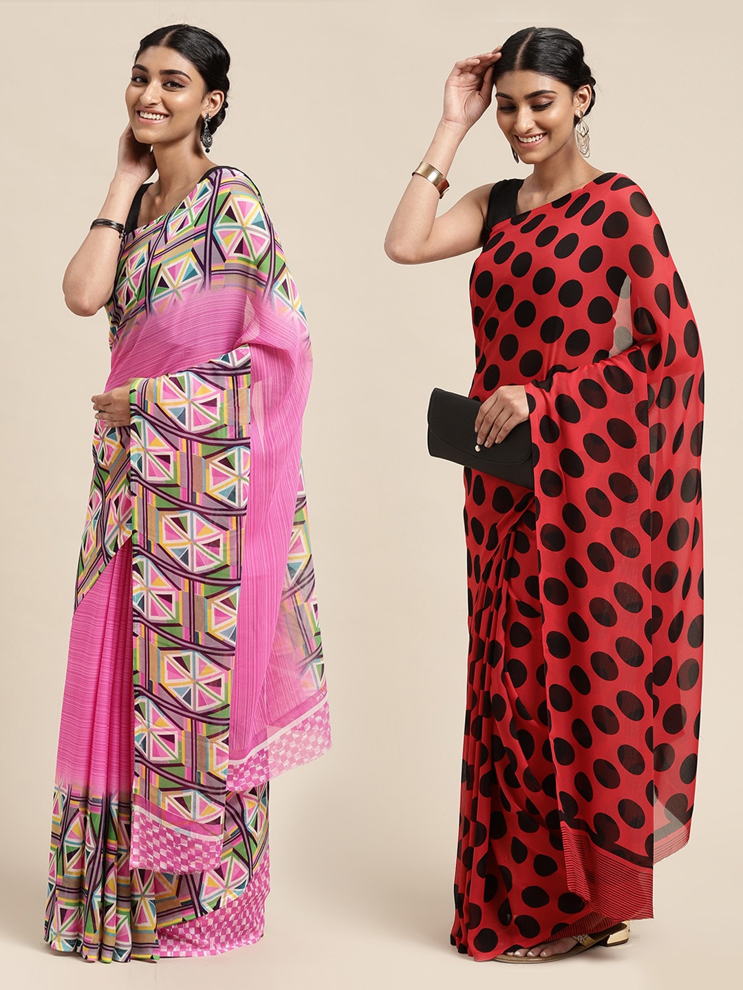 

KALINI Pack of 2 Printed Poly Georgette Sarees, Red