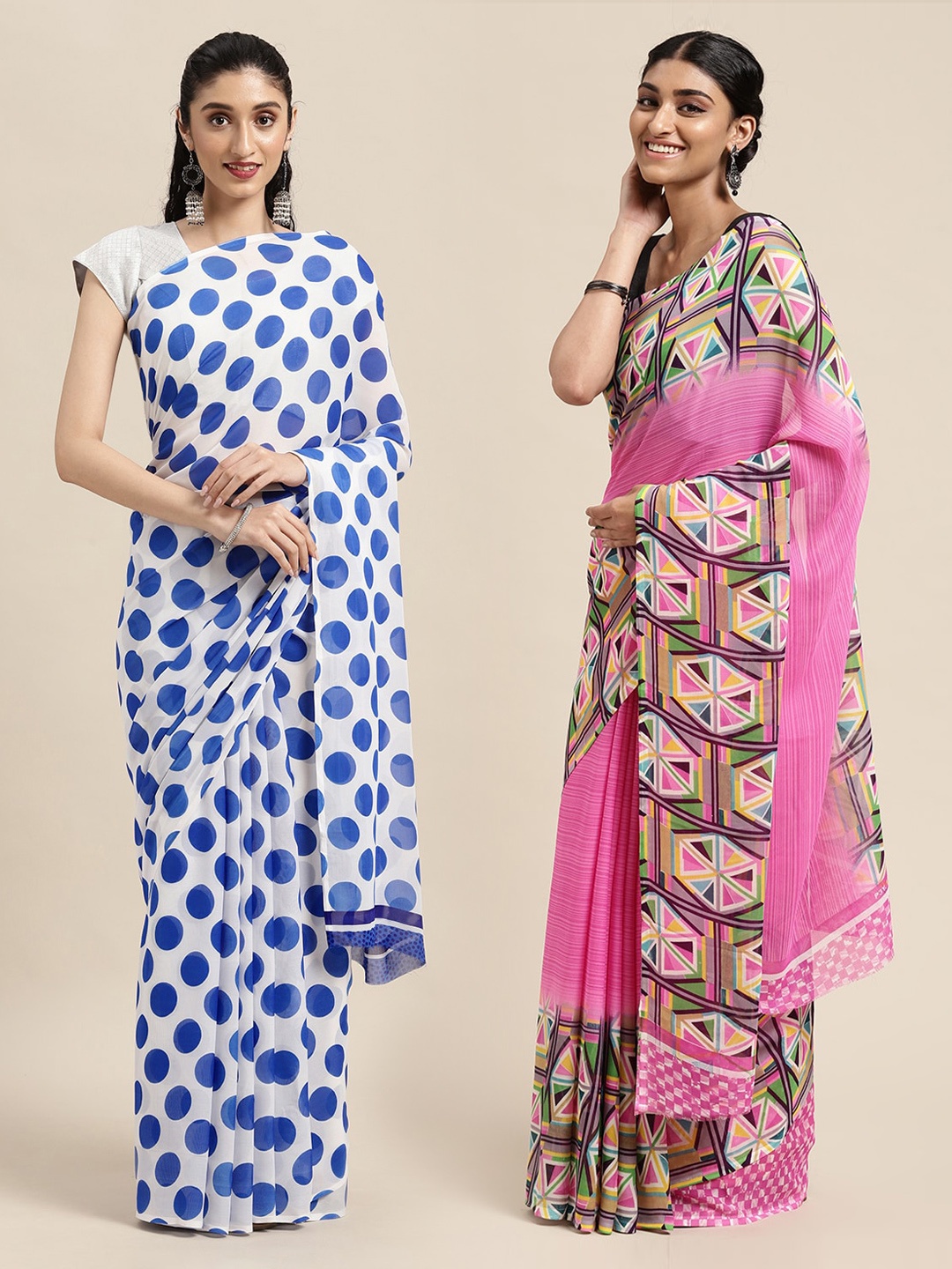 

KALINI Pack of 2 White & Pink Printed Sarees