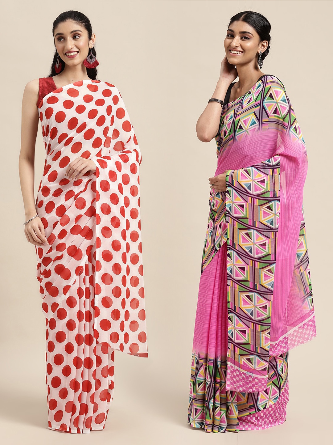 

KALINI Pack Of 2 White & Red Printed Saree