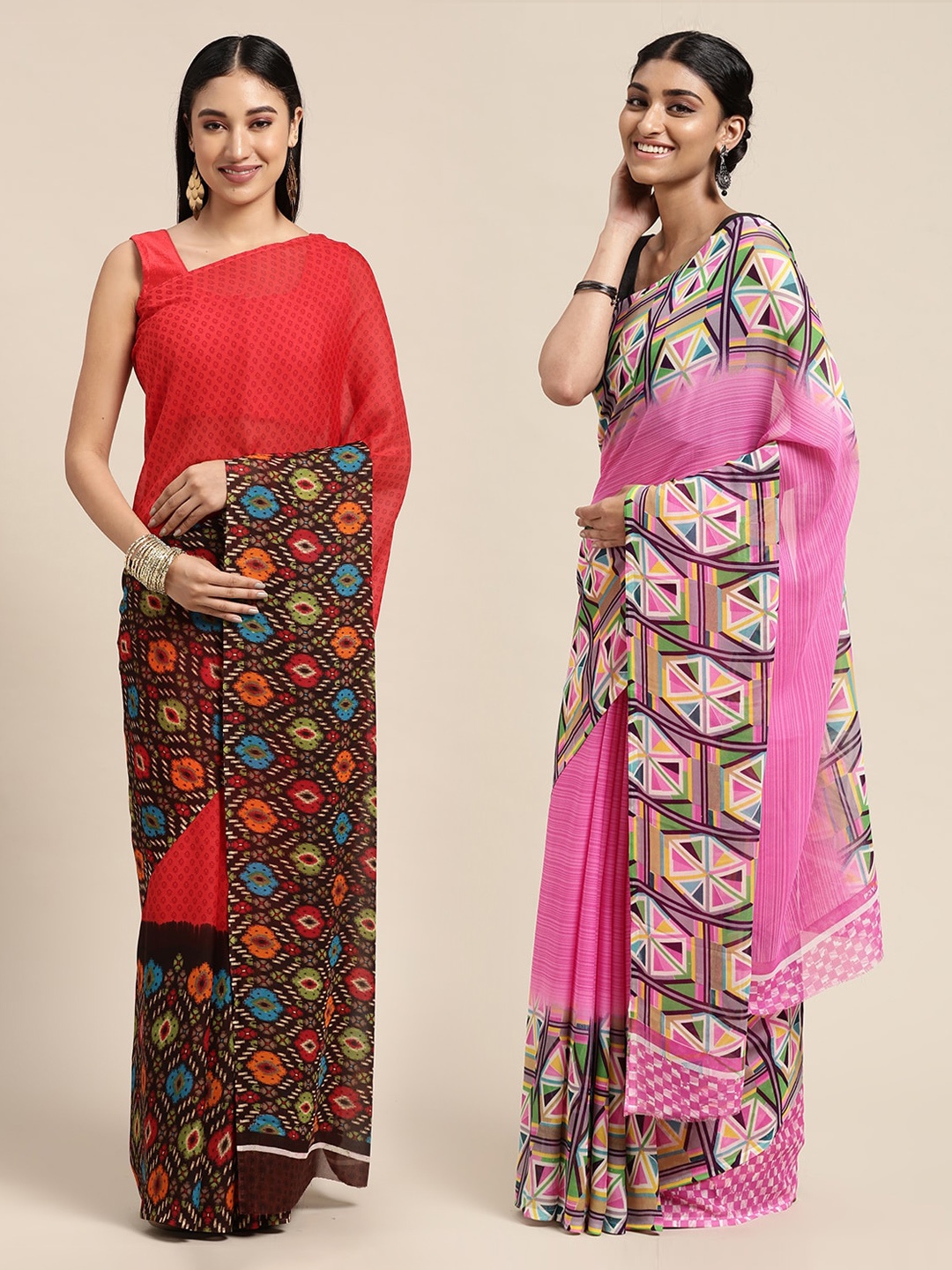 

KALINI Pack of 2 Red & Pink Printed Sarees
