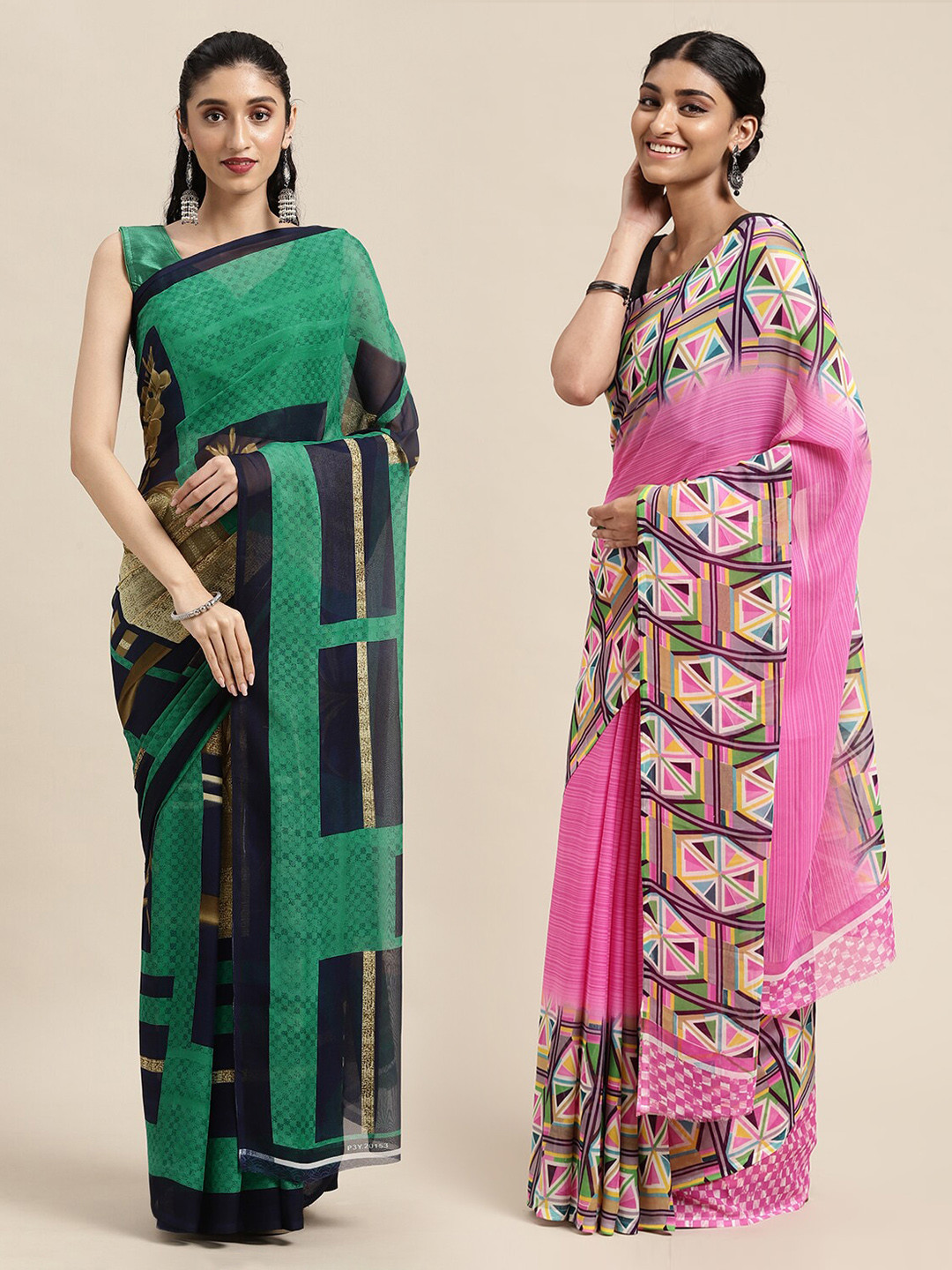 

KALINI Pack Of 2 Green & Pink Printed Saree