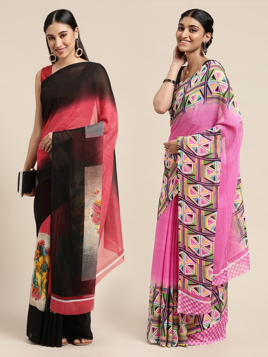 

KALINI Pack Of 2 Pink & Black Floral Saree
