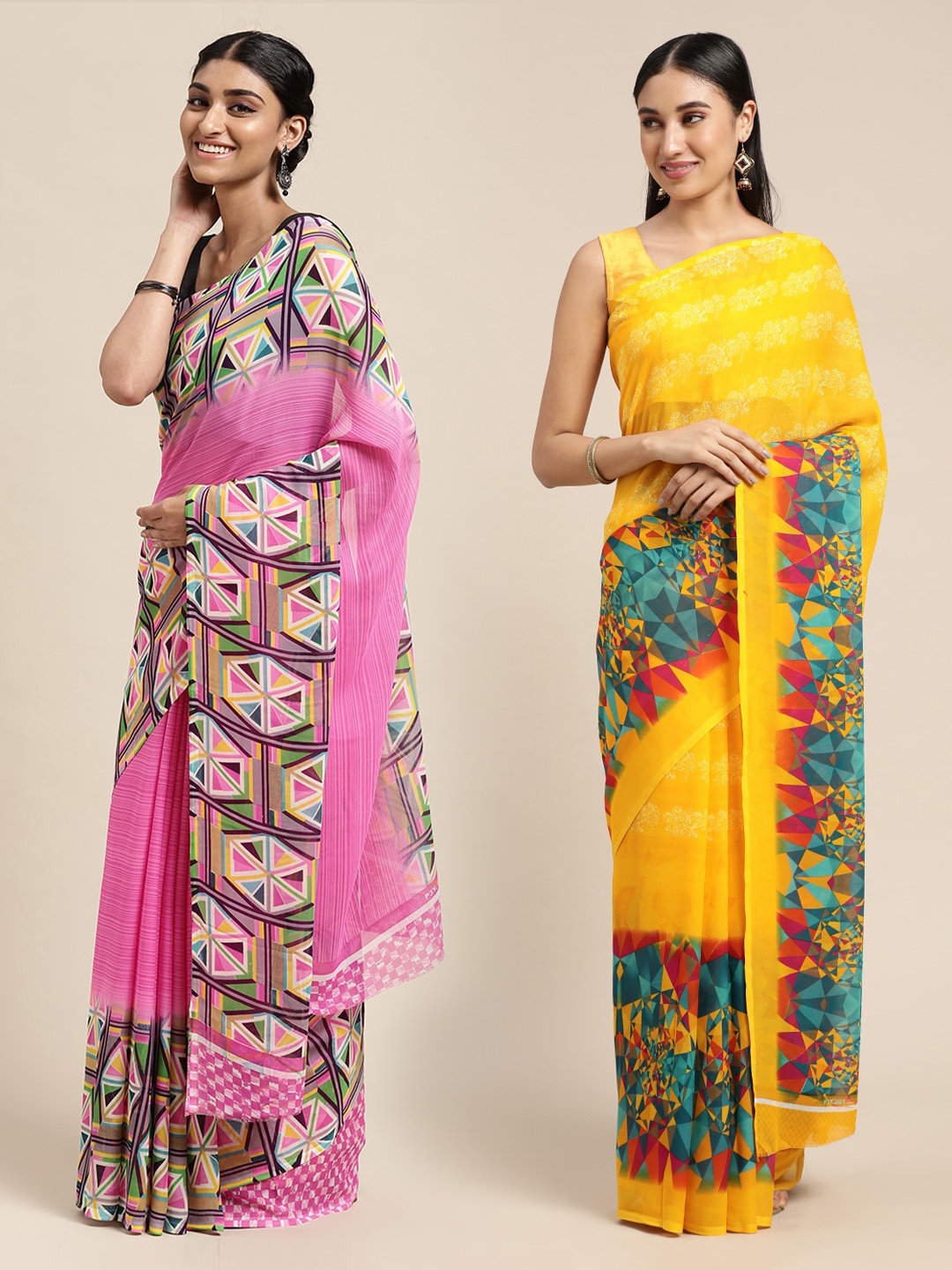 

KALINI Pack of 2 Yellow & Pink Printed Sarees