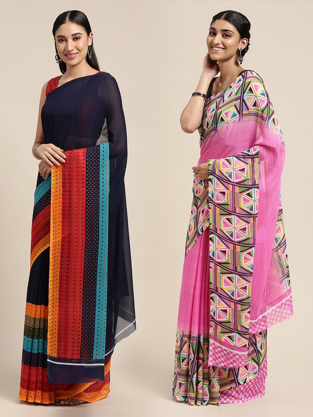 

KALINI Pack of 2 Navy Blue & Pink Printed Sarees