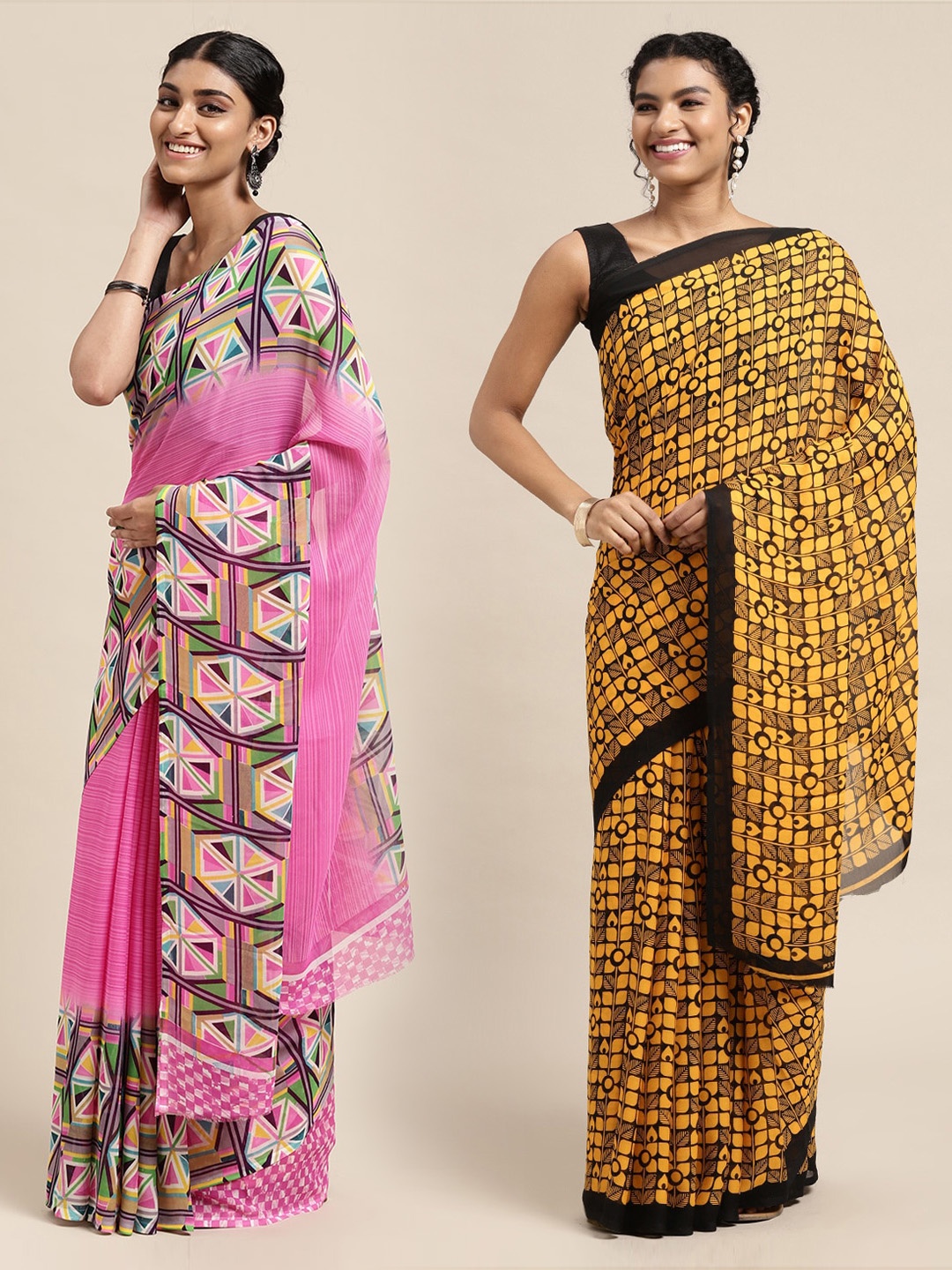 

KALINI Pack Of 2 Mustard & Pink Printed Saree