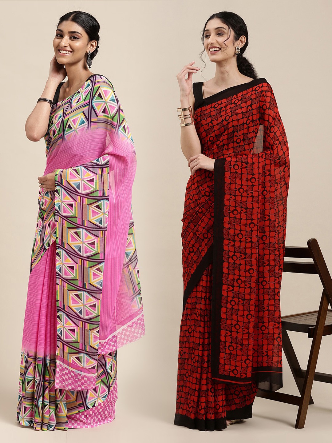 

KALINI Pack of 2 Printed Poly Georgette Sarees, Red