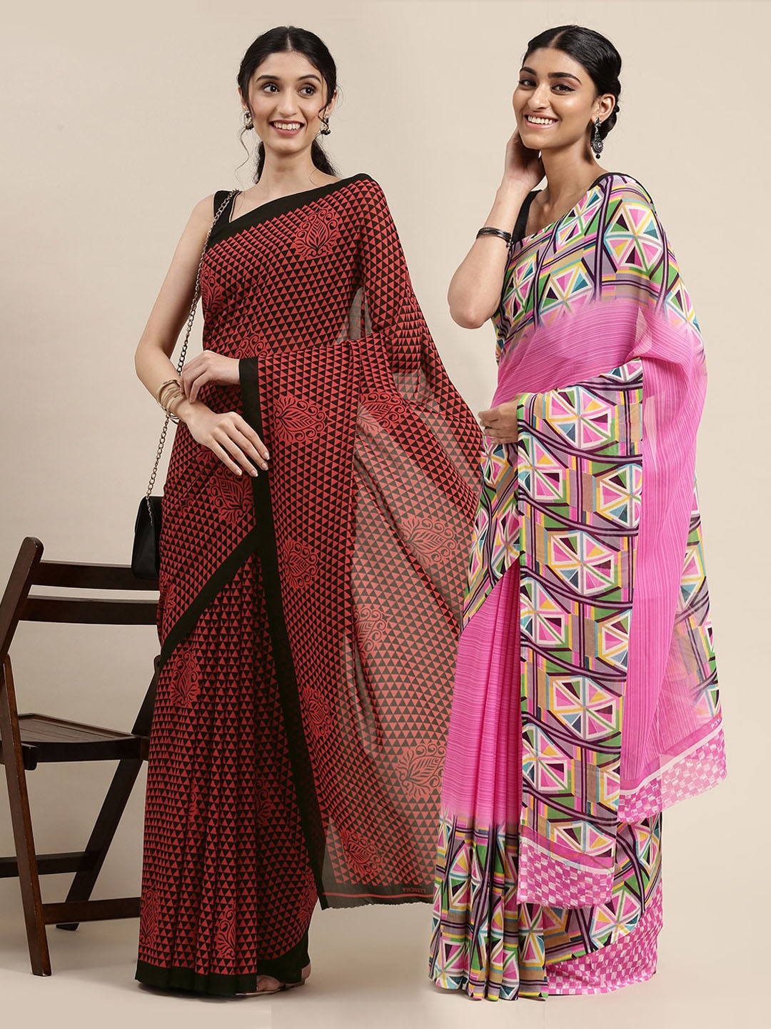 

KALINI Pack of 2 Black & Pink Printed Sarees