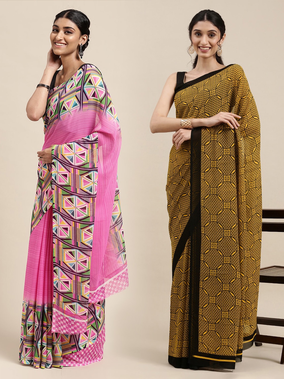 

KALINI Pack Of 2 Mustard & Pink Printed Saree