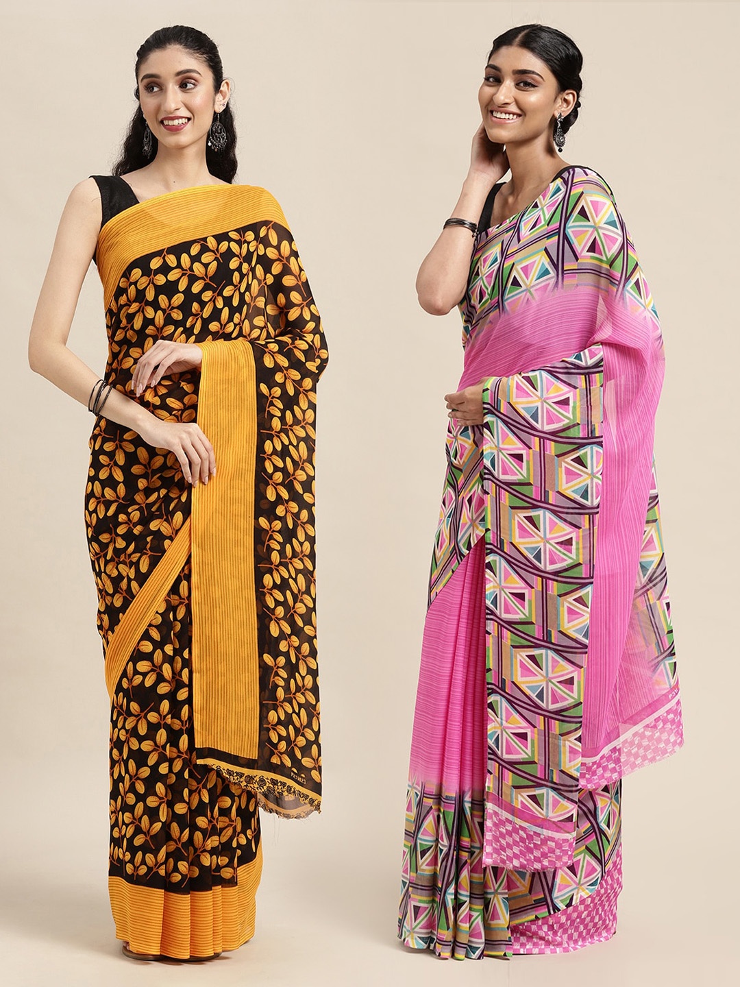 

KALINI Pack Of 2 Black & Pink Floral Printed Saree