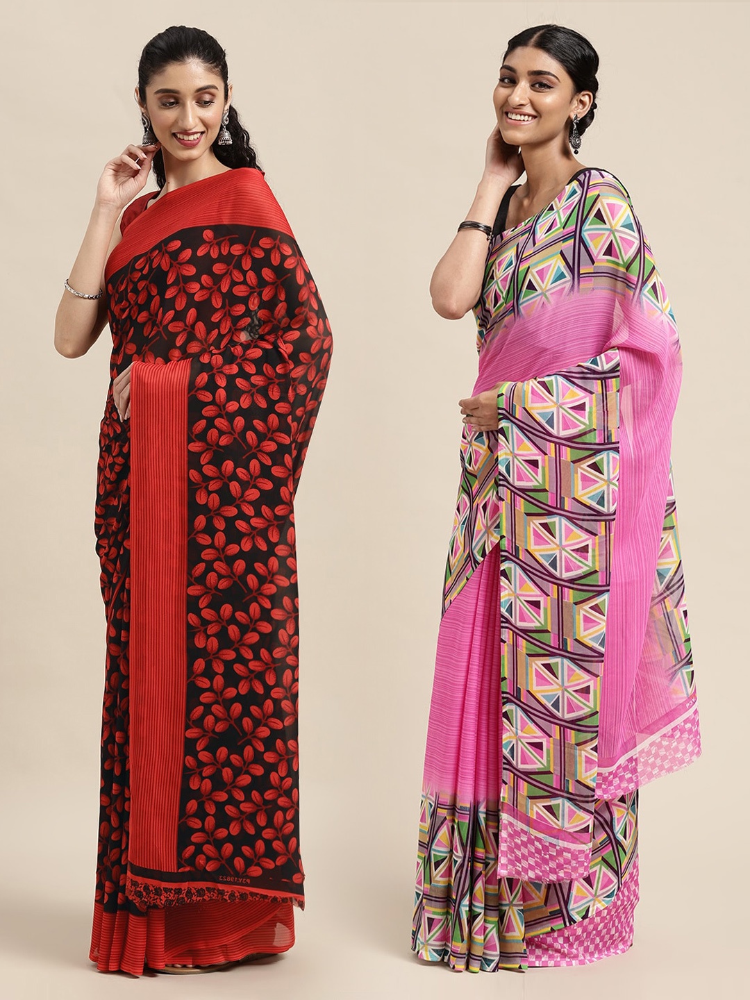 

KALINI Pack Of 2 Black & Red Floral Saree