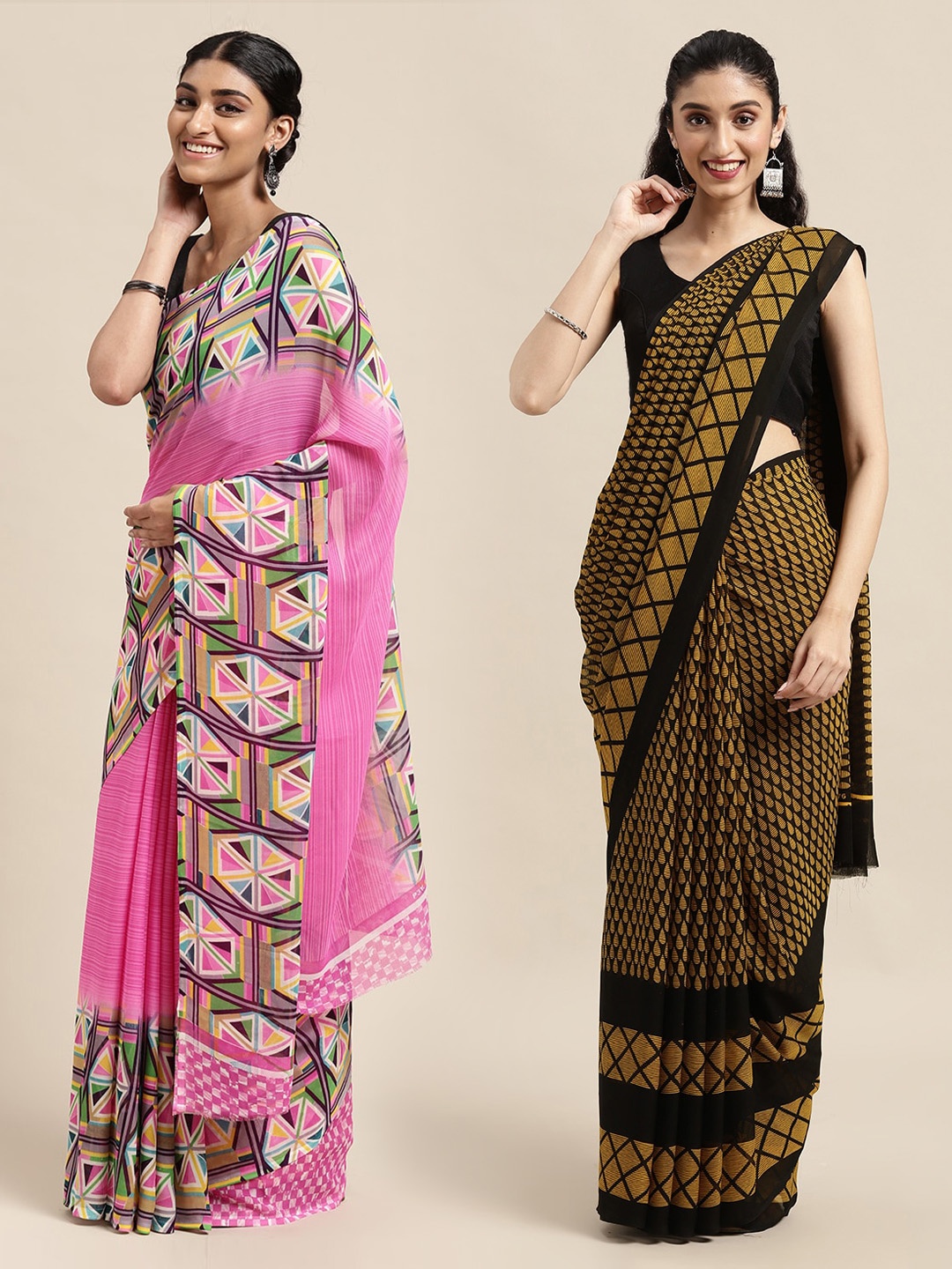 

KALINI Pack Of 2 Black & Pink Printed Saree