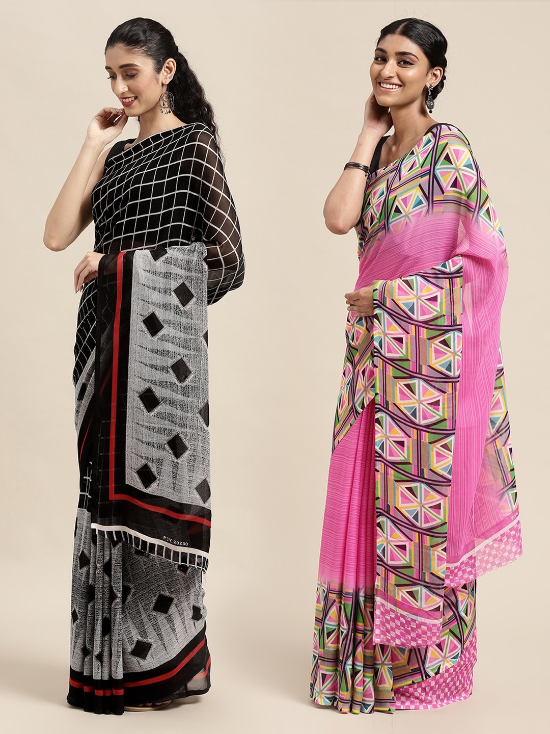 

KALINI Pack of 2 Printed Poly Georgette Sarees, Black
