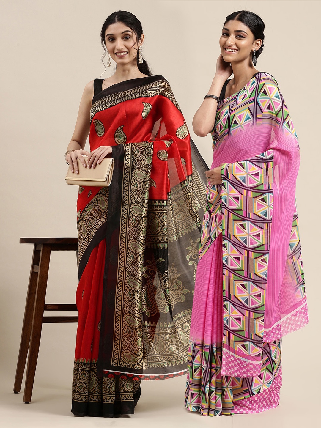 

KALINI Pack Of 2 Red & Black Paisley Saree