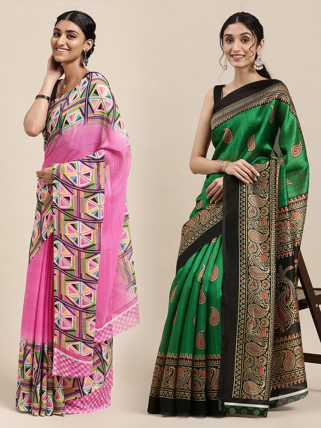 

KALINI Women Pack Of 2 Printed Sarees, Green