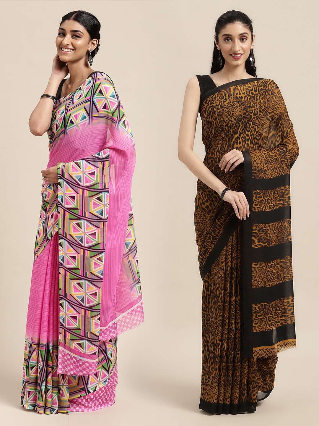 

KALINI Pack of 2 Printed Poly Georgette Sarees, Mustard
