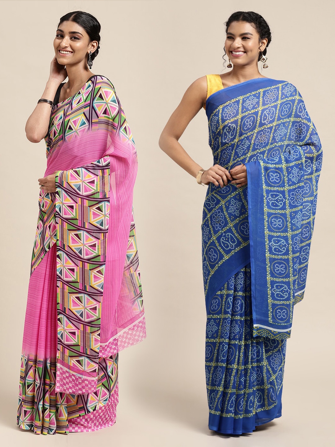 

KALINI Pack Of 2 Pink & Blue Bandhani Print Saree