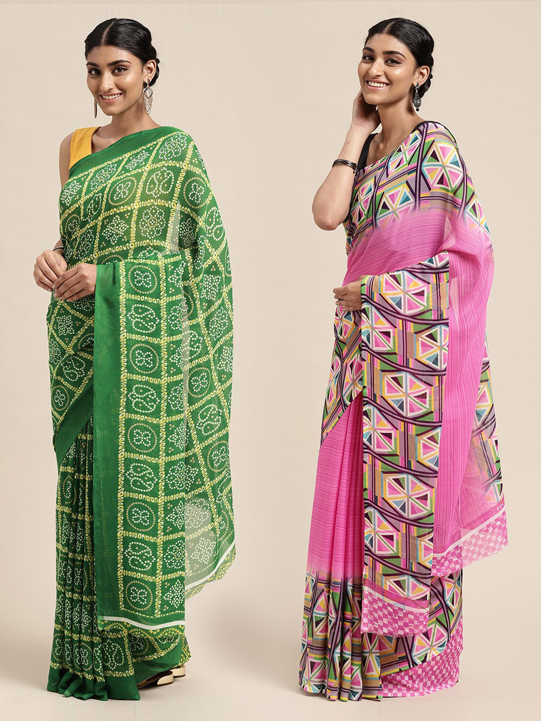 

KALINI Pack of 2 Printed Poly Georgette Sarees, Green