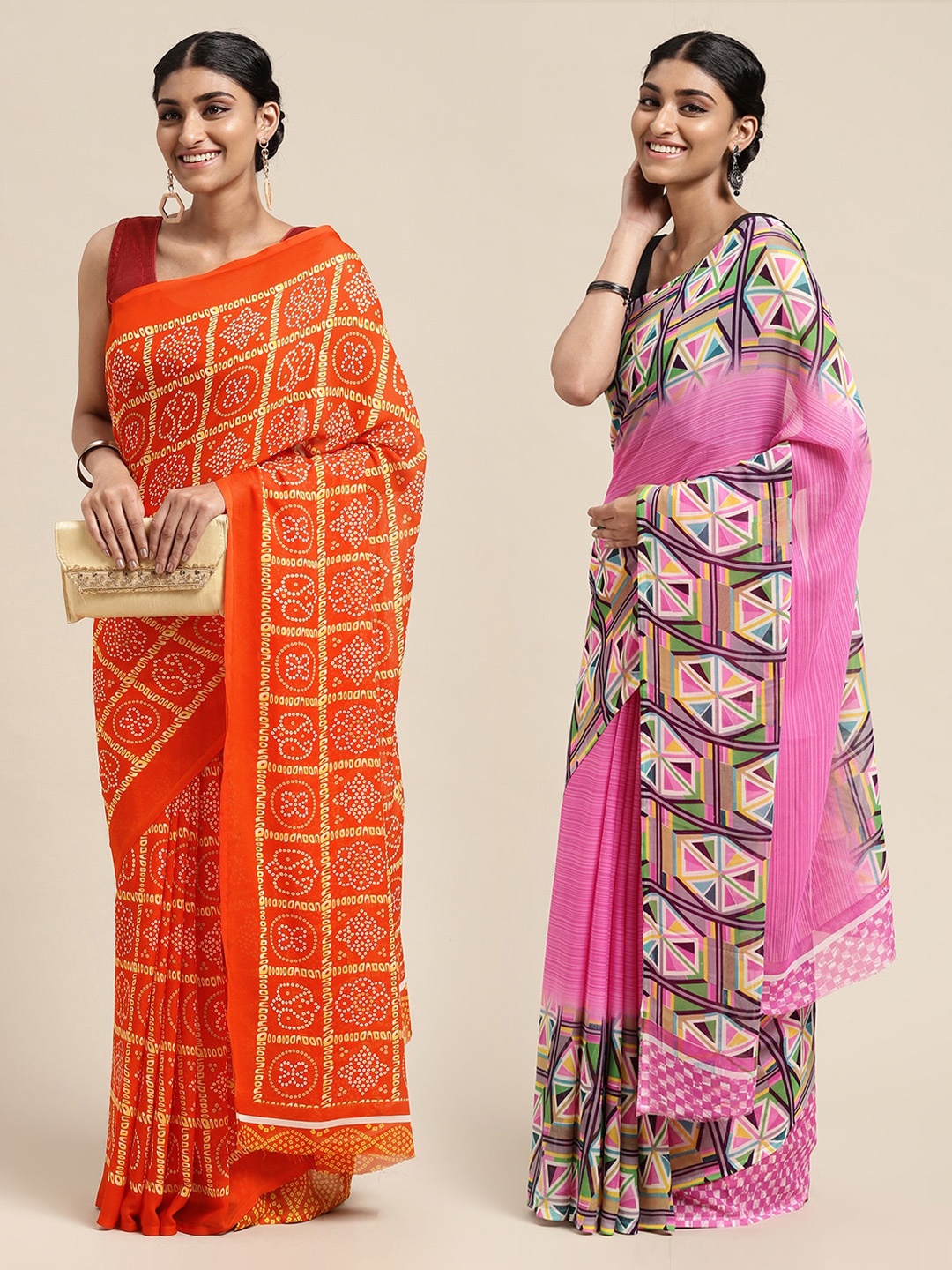 

KALINI Pack of 2 Printed Saree, Orange
