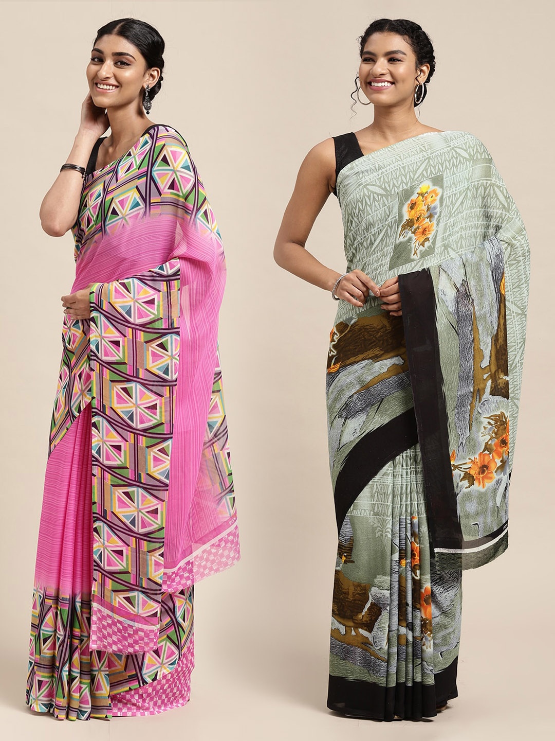 

KALINI Pack of 2 Floral Printed Saree, Pink