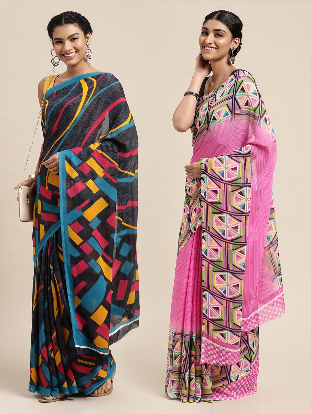 

KALINI Pack Of 2 Navy Blue & Yellow Geometric Saree
