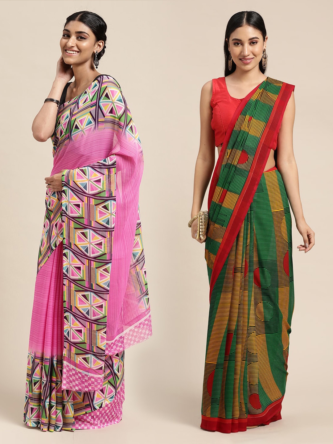 

KALINI Pack of 2 Printed Poly Georgette Sarees, Green