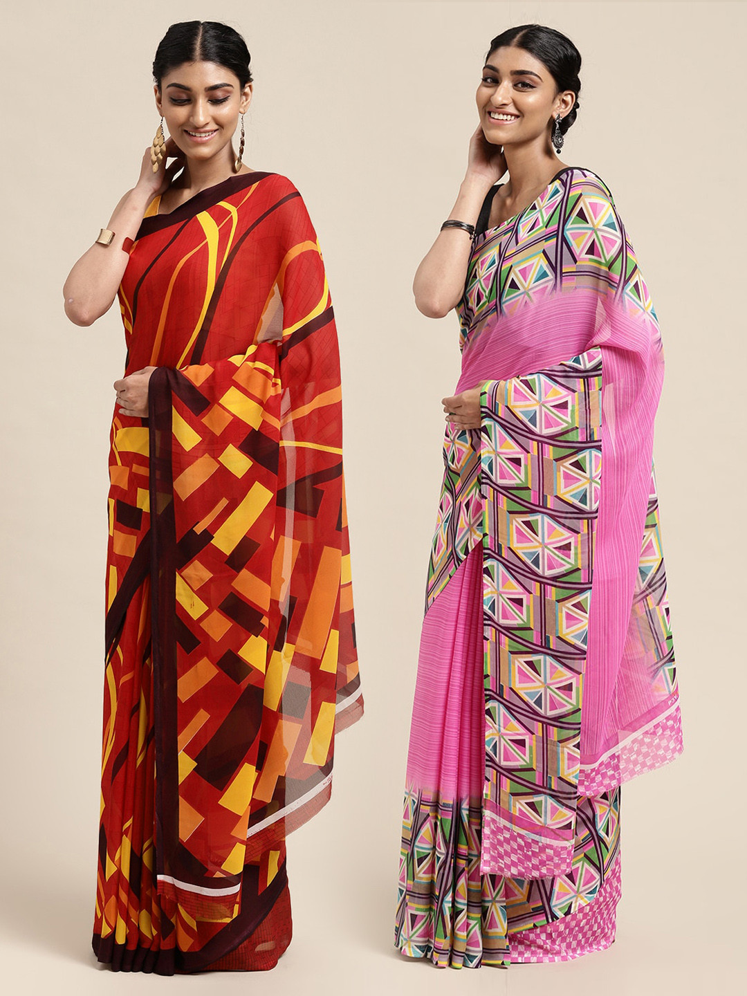 

KALINI Pack Of 2 Red & Pink Abstract Print Saree