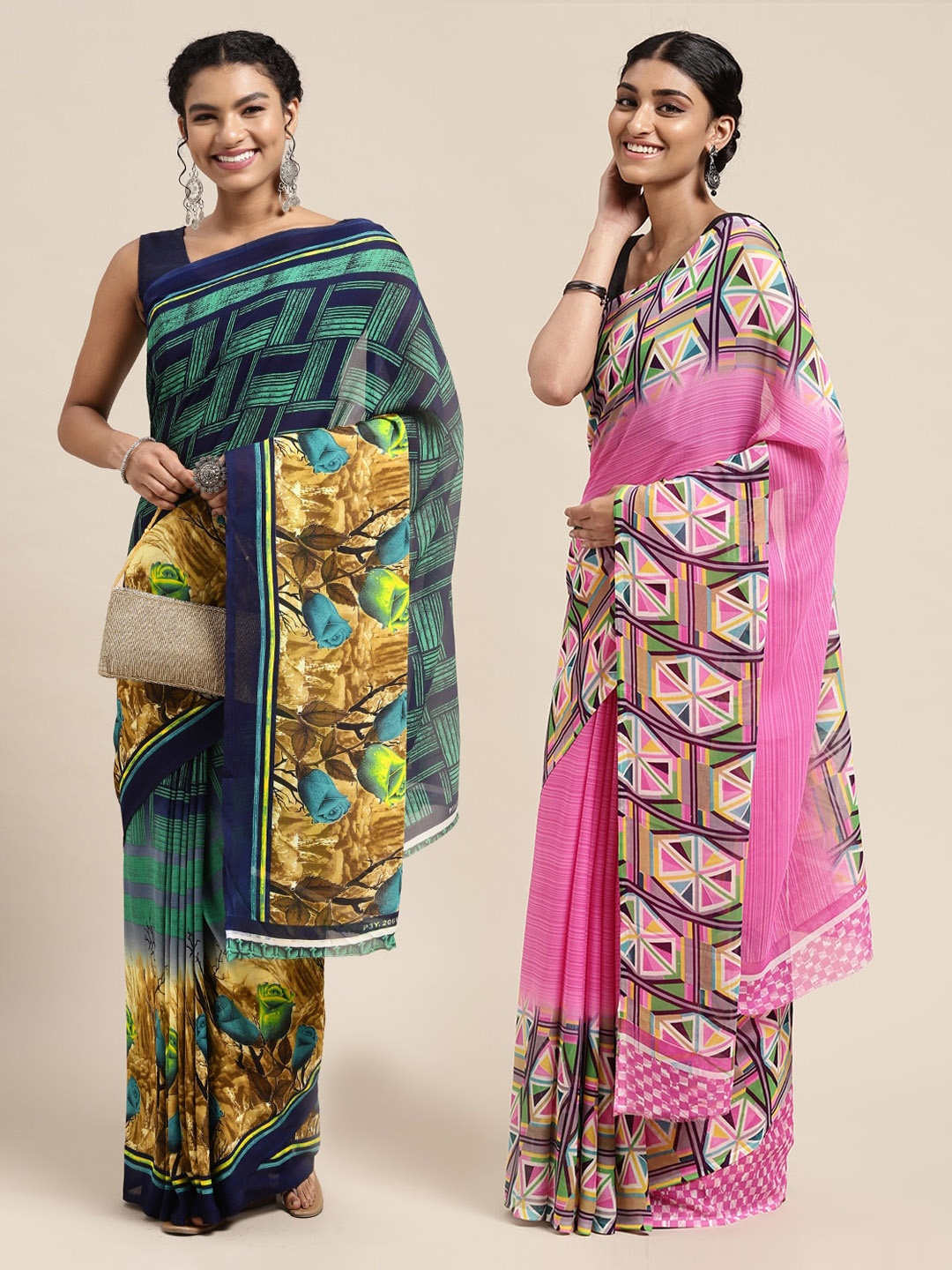 

KALINI Women Pack Of 2 Printed Sarees, Green